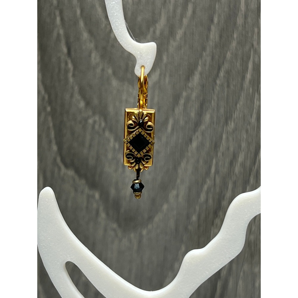 Michal Golan Gold Tone Black Stone Rectangular Scrollwork Leverback Earrings